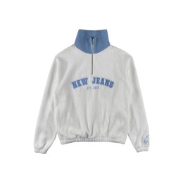 Designed fashionable short women's sweatshirt, customized white contrast blue polar fleece sweatshirt, elasticated hem and cuffs, half-chest zipper design, embroidered logo Z665 Designed fashionable short women's sweatshirt, customized white contrast blue polar fleece sweatshirt, elasticated hem and cuffs, half-chest zipper design, embroidered logo Z665